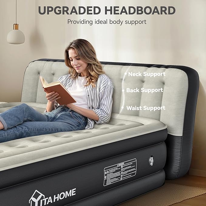 YITAHOME 18'' Flocked Top Queen Air Mattress with Built-in Pump and Headboard, Durable Inflatable Bed, Blow-Up Mattress for Indoor and Outdoor Use, Black