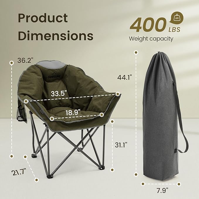 Oversized Padded Comfy Camping Chair for Adults, Portable Padded Lawn Chair, Weight Capacity 400 LBS, Heavy Duty Moon Leisure Folding Chair for Camping, Hiking, Carry Bag, Army Green (2 Pack)