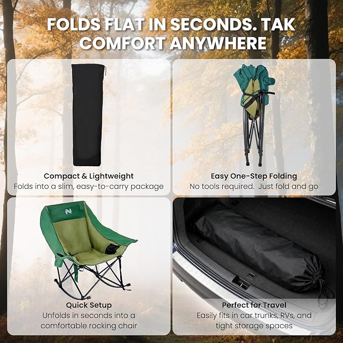 Begonia.K Oversized Heated Rocking Camping Chair - 400lbs Capacity Padded Camping Recliner w/ 3 Levels Back Seat Heat - Folding Lawn Chair with Side Pockets for Camp Patio Backyard