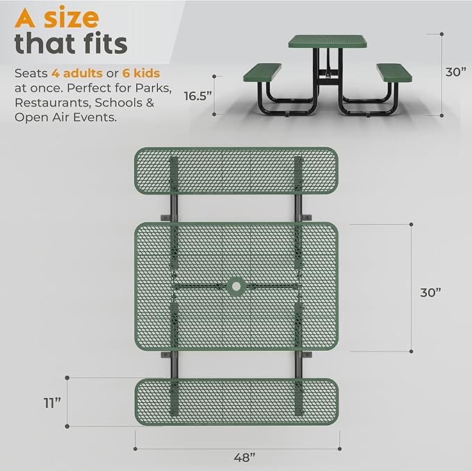 Metal Picnic Furniture for Outdoors with Umbrella Hole - Coated Steel Heavy Duty Commercial Grade Table with Adjustable Seats, Patio Set for a Lifetime (Green, 4' Rectangular)