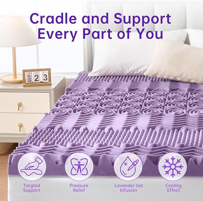MUXHOMO 3 Inch 7-Zone Queen Mattress Topper, Egg Crate Memory Foam Mattress Topper Queen Size for Back Pain, Lavender Cooling Gel Infused Bed Pad, CertiPUR-US and Oeko-TEX Certification (60"×80")
