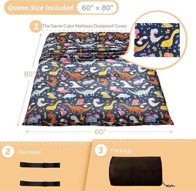 MAXYOYO Dinosaur Japanese Floor Futon Mattress for Boys Girls, Thicken Tatami Mat Sleeping Pad Foldable Bed Roll Up Mattress Floor Lounger Bed Couches and Sofas for Kids Queen Size