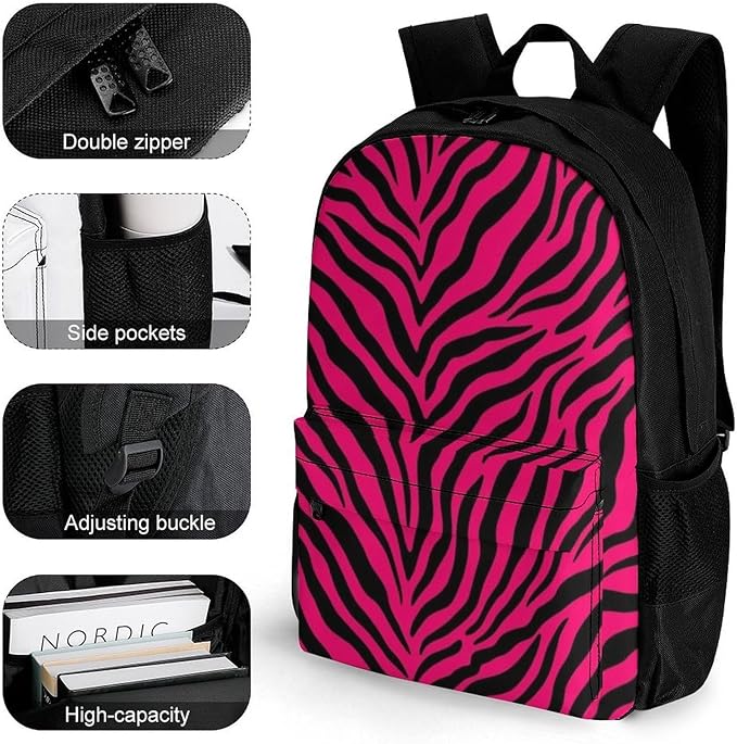 Rucksack Multipurpose Anti-Theft Big Capacity Shoulder Bag, Pink Black Zebra Travel Hiking Camping Rucksack With Side Pockets