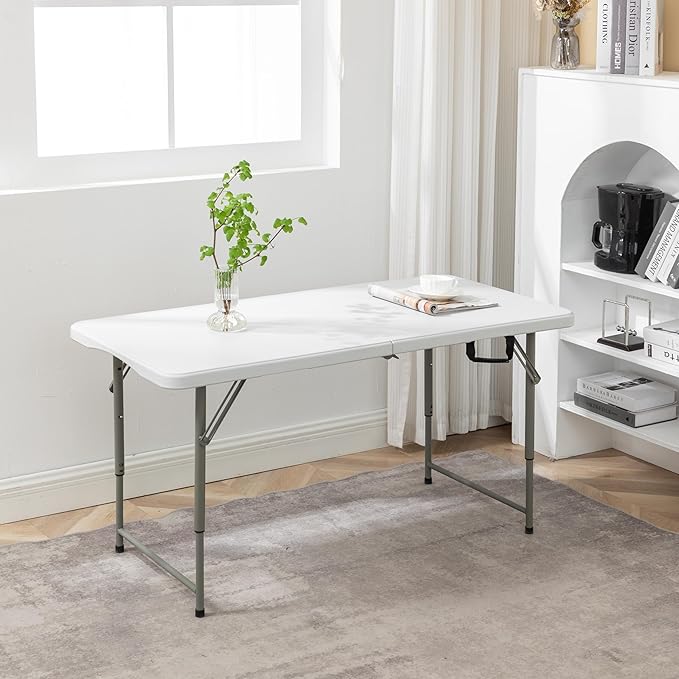 BTEXPERT Set of 5, 4ft Folding Utility Table Fold-in-Half Lightweight Height Adjustable Portable Carrying Handle Indoor Outdoor Picnic Camping Office Home Party Easy to Clean Store White Set of 5