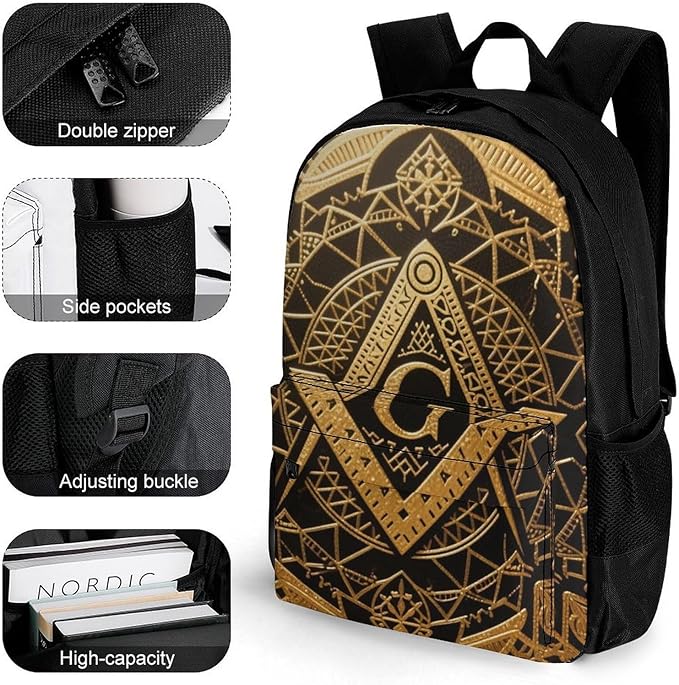 Rucksack Multipurpose Anti-Theft Big Capacity Shoulder Bag, Gold Freemason Freemasonry Masonic Art Travel Hiking Camping Rucksack With Side Pockets