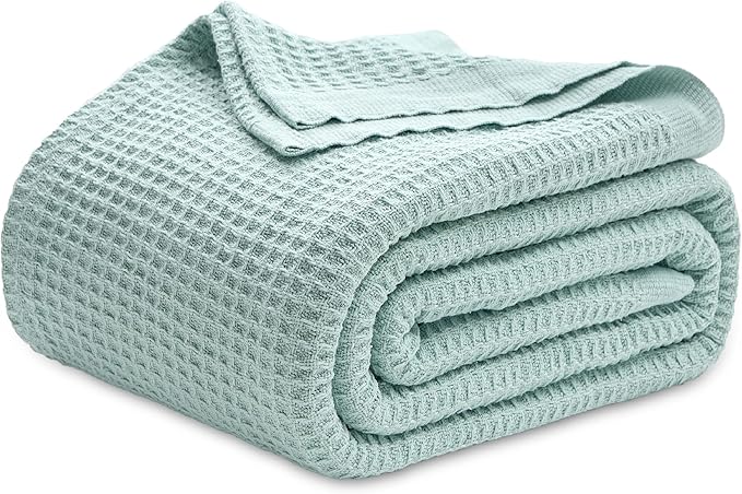 Bedsure Gentlesoft 100% Cotton Blanket Queen Size for Bed - Breathable and Soft, Waffle Weave Blanket for Summer, Thick Cozy Fall Blankets for Women Gift, Mint, 90x90 Inches
