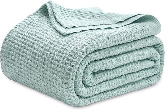 Bedsure Gentlesoft 100% Cotton Blanket Queen Size for Bed - Breathable and Soft, Waffle Weave Blanket for Summer, Thick Cozy Fall Blankets for Women Gift, Mint, 90x90 Inches