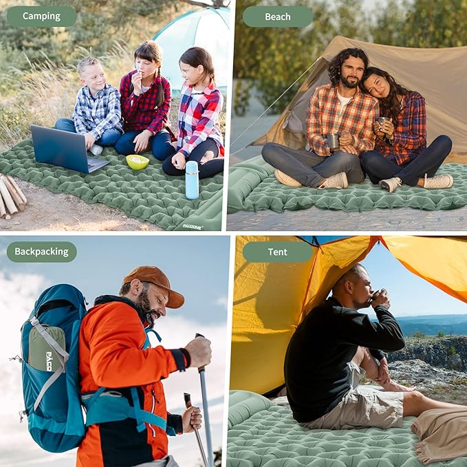 Camping Double Sleeping Pad, Self Inflating Sleeping Mat with Pillow Built-in Foot Pump, 2 Person Portable Camping Air Mattress for Backpacking, Hiking, Traveling, Tent(Green)