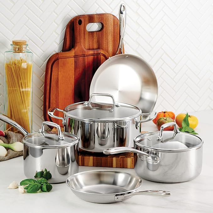 Tramontina Tri-Ply Clad Stainless Steel 8-Piece Cookware Set with Glass Lids, Pots and Pans Kitchen Set, Induction-Ready, Dishwasher-Safe, Made in Brazil