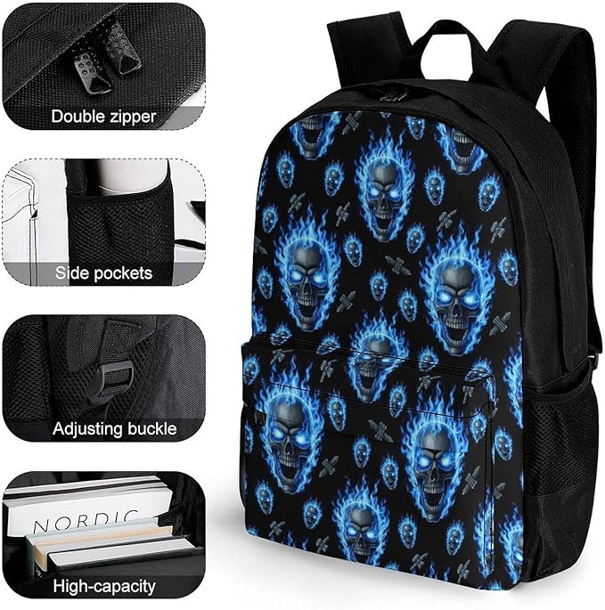 Rucksacks Lightweight Multipurpose Anti-Theft Blue Fire Flame Skull Shoulder Bag Big Capacity Laptop Book Bag Rucksack With Padded Straps
