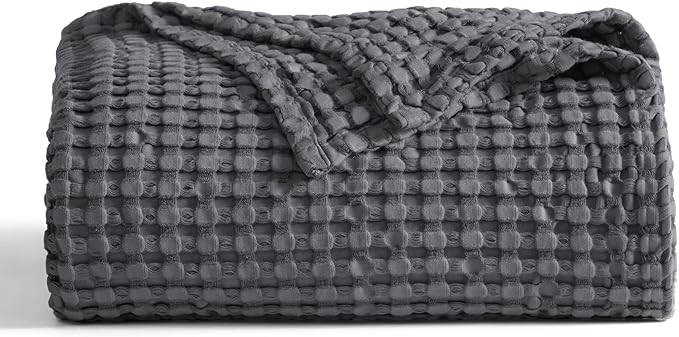 Bedsure Cooling Cotton Waffle Full Size Blanket - Lightweight Breathable Blanket of Rayon Derived from Bamboo for Hot Sleepers, Luxury Throws for Bed, Couch and Sofa, Dark Grey, 80x90 Inches