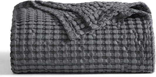 Bedsure Cooling Cotton Waffle Weave Blanket - Lightweight Breathable Blanket of Rayon Derived from Bamboo for Hot Sleepers, Luxury Throws for Bed, Couch and Sofa, Dark Grey, 50x70 Inches