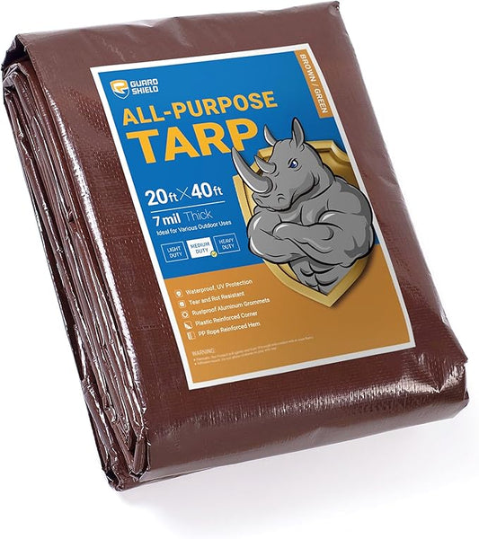 GUARD SHIELD Brown/Green Tarp 20x40 Feet Medium Duty Outdoor Waterproof Multi Purpose Poly Tarps Cover 7mil