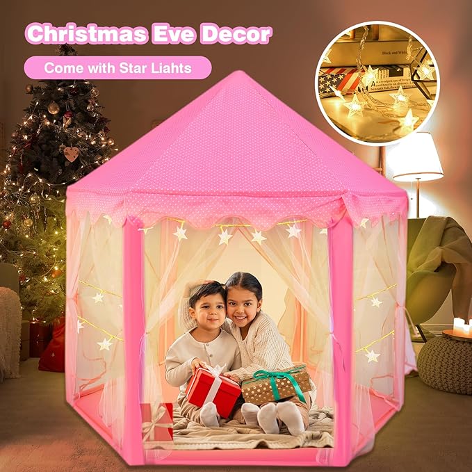 Princess Tent with 10Pcs Cape Set for Girls,Castle Play Tent with Princess Dress up Clothes,Large Indoor and Outdoor Playhouse with LED Star