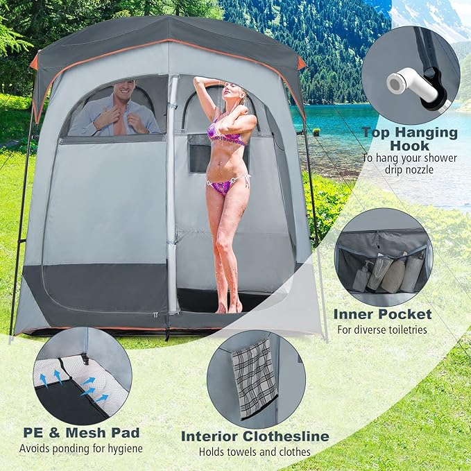 LDAILY Camping Shower Tent, 2 Room Instant Privacy Tent with Floor, Removable Rain Cover, Mesh Window, Inside Pocket and Clothesline, Portable Changing Room for Outdoor Toilet, Dressing
