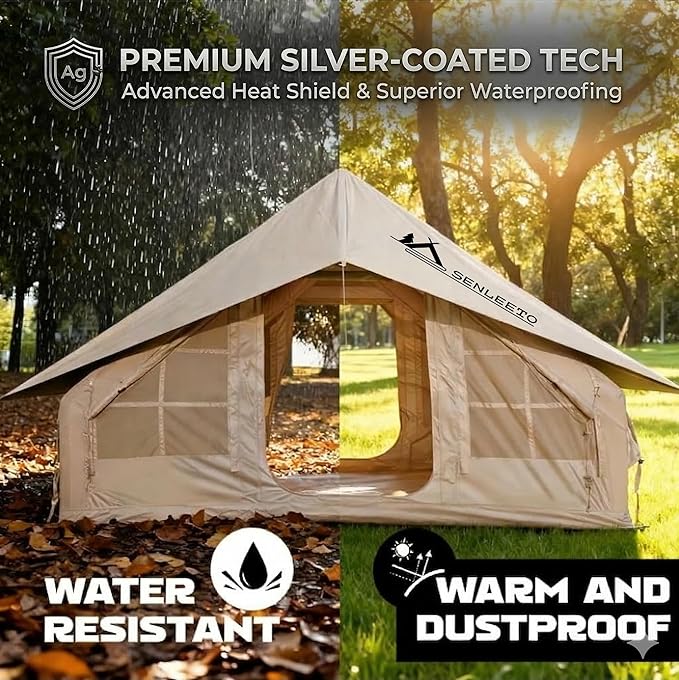 Inflatable Camping Tents 8-10 Person,129 Square Feets Large Inflatable Camping Tent with Stove Jack,Blow up Tent with Mesh Windows & Pump