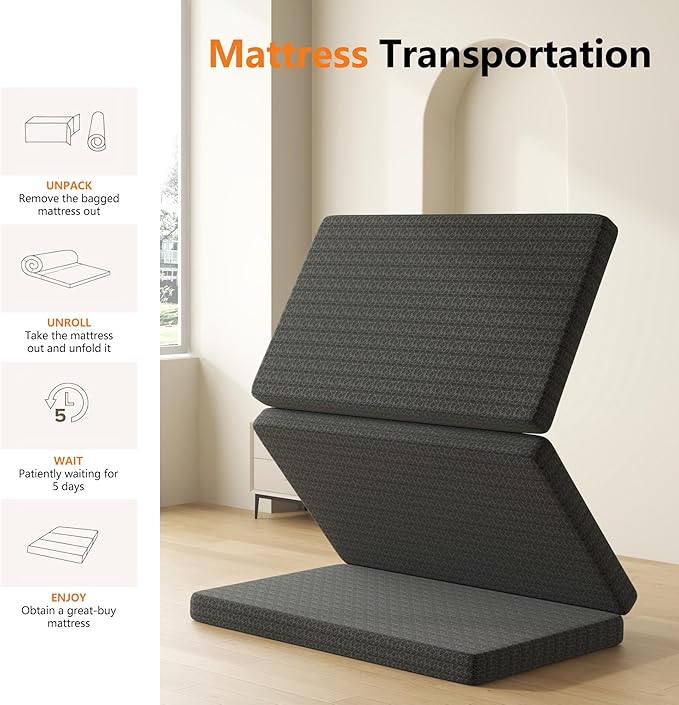 4 Inch Gel Memory Foam Mattress Queen Size, Portable Tri-Folding Mattress with Washable Cover, for Guest Bed, Camping, Travel, Dormitory, Black