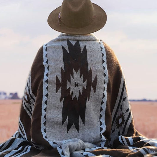 Aztec Patterned Throw Blanket with Soft Sherpa Lining, Traditional Southwestern Navajo Tribal Style Warm Throw for Camping, Outdoor, Light Weight Cozy Boho Blanket for Couch, Sofa, Bed, 50"x60", Brown