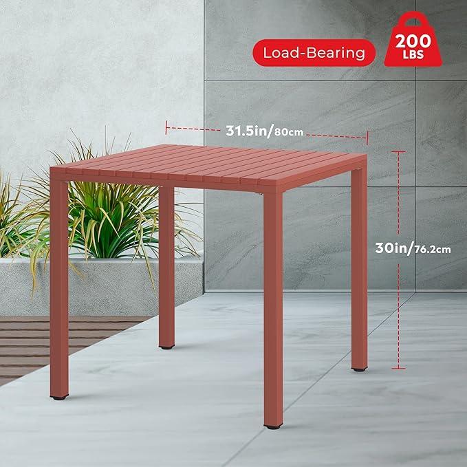 Costaelm Outdoor Dining Table for 4, Square Metal Patio Table, 4-Person Weather Resistant Steel Slat Table for Lawn Garden Backyard, Red
