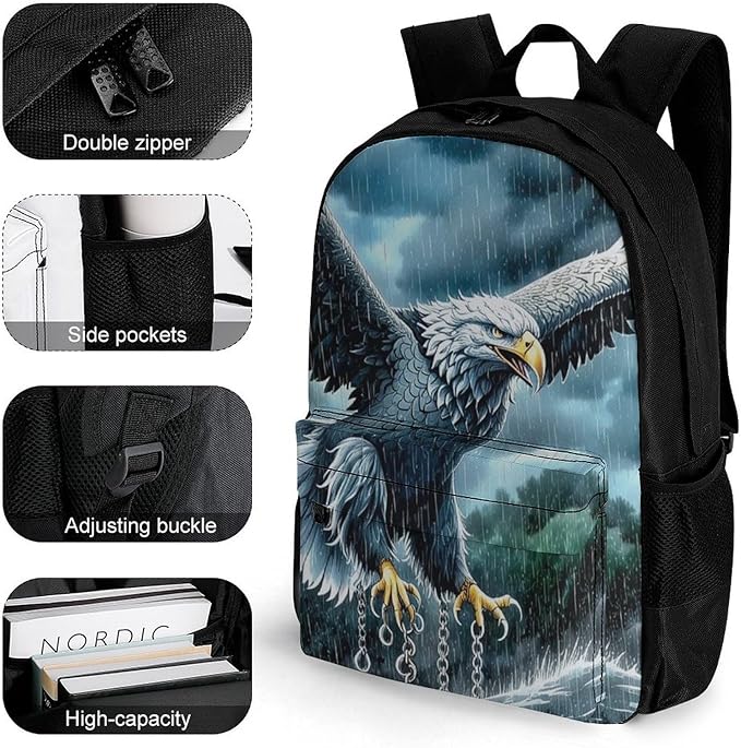 Daypack Backpack Polyester Anti-Theft Multipurpose Eagle In The Rain Bookbag Big Capacity Travel Hiking Camping Rucksack With Smooth Zippers