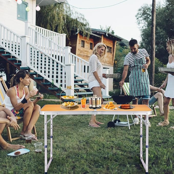 4.0 Ft Folding Portable Camping Table with Three Adjustable Heights, RV Tables for Inside a Camper, Outdoor, BBQ, Dining, Picnic, Beach, Garden, Party, Yellow