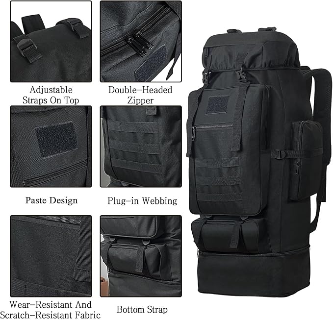 100L Camping Hiking Backpack, Military Tactical Backpack Molle Rucksack, Extra Large Hiking Daypack, Water Resistant Hiking Bag, Outdoor Sports Backpack, Adjustable Sport Bag (Black)