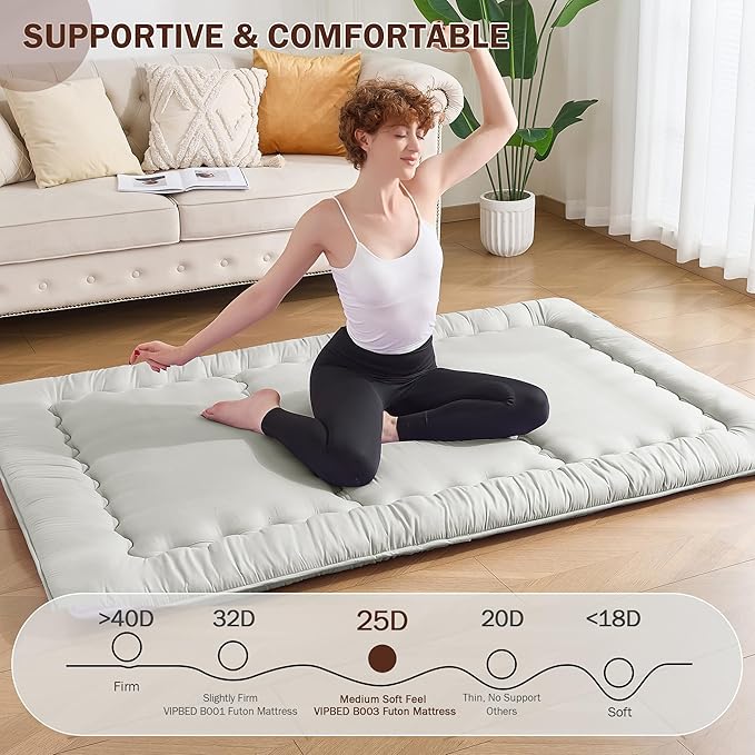 Japanese Floor Futon Mattress Queen Size, 4" Thicken Foldable Mattress Tatami Mat Sleeping Pad, 25D Foam Filled Traditional Shiki Futon (shikibuton), Designed in Japan (Light Grey 60"x 80")