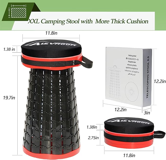 ALEVMOOM 2025 Upgraded XXL Collapsible Stool with Cushion 19.7",1000lbs Max Weight,Wider & Taller Pop Up Seat, Heavy Duty Portable Retractable Folding Stool for Camping & Outdoors (Red)