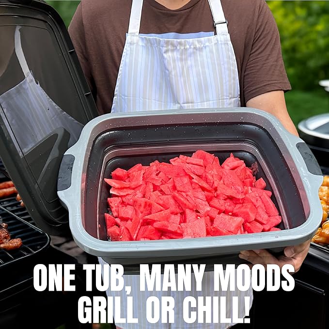 Collapsible Large (8L) BBQ Marinating Tub w/Cutting Board | Multipurpose Food-Grade TPE Prep Tub w/Lid | Built-in Colander & Drain Plug - for Camping | Tailgate | Picnic - Bold Orange