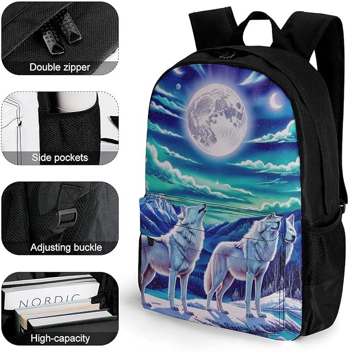 Supdreamc Polyester Daypack for Camping Travel Walking Cycling, Big Capacity Anti-Theft Multipurpose Bookbag, Wolves Moon Aurora Art Camping Outdoor Backpack