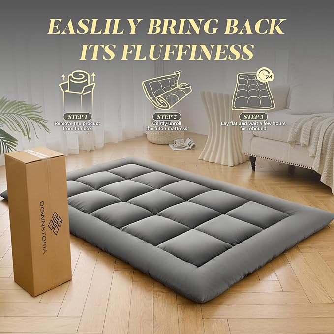Japanese Floor Mattress, Foldable Futon Mattress Tatami Mat with Handle, Roll Up Dormitory Sleeping Pad for Camping, Guestroom Bed, Queen Size, Grey