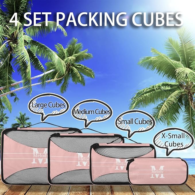 Custom Packing Cubes with Name, 4Pcs/Set Travel Luggage Packing Organizers Set for Women, Pale Pink Background with Initial Letter