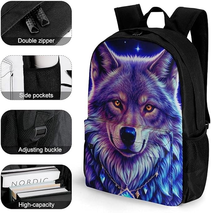 Men Women Lightweight Blue Universe Galaxy Magic Wolf In The Space Casual Daypack Large Capacity Bookbag With Adjustable Shoulder Straps for Gym Business Bicycle