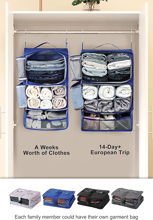 ELEZAY Hanging Packing Cubes Portable Closet 3-Shelf Travel Collapsible Compression Garment Organizer for Carry-on Luggage Suitcase Space Saver Bag XX-Large_16*12 * 24 in, Blue