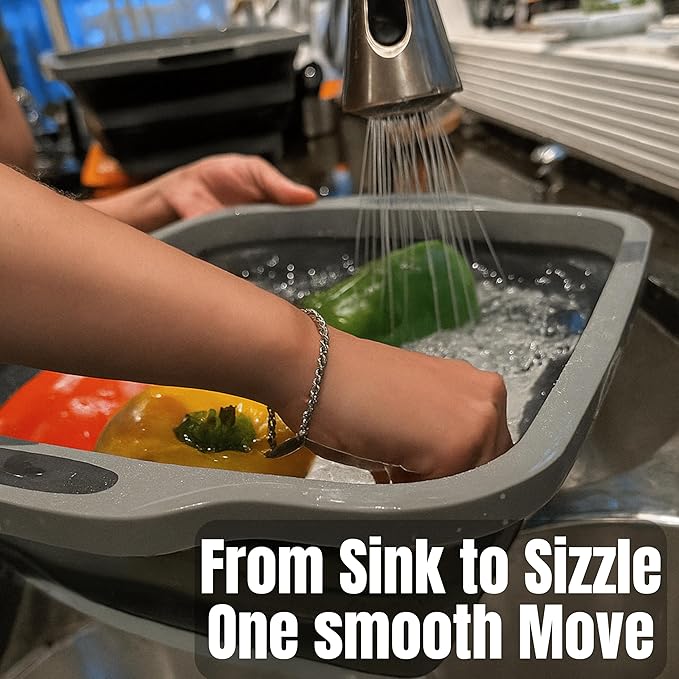 Collapsible X-Large (16L) BBQ Marinating Tub w/Cutting Board | Multipurpose Food-Grade TPE Prep Tub w/Lid | Built-In Colander & Drain Plug - For Camping | Tailgate | Picnic - Slate Black