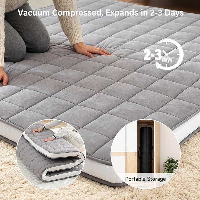 Welnow Japanese Futon Floor Mattress, Twin Size Thick Tatami Mat Portable & Foldable Roll Up Floor Bed Mattress with Storage Bag, Sleeping Pad for Adults, Dorm, Guest Bed, Camping and Travel, Grey