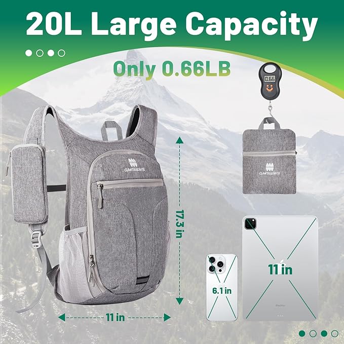 20L Small Hiking Backpack for Women - Lightweight Packable Backpack for Men, Waterproof Foldable Daypack for Travel, Hiking, and Daily Use, Adjustable Chest Strap Multiple Pockets, Gray