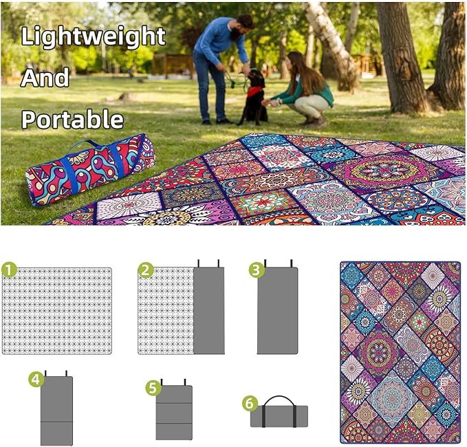 Waterproof Picnic Blankets Foldable & Portable 60''x80'' Boho Picnic Mat for Outdoors, Large Washable Picnic Blanket for Travel Camping Beach, Park Grass Picnic Blanket Accessories for Adults