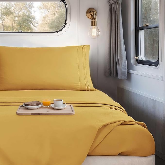Hearth & Harbor Short Queen Sheets for RV, Camel Gold RV Queen Sheets, Silky Soft 1800 Microfiber Bed Sheet for Camper, 4 Piece RV Bedding with Pillowcases