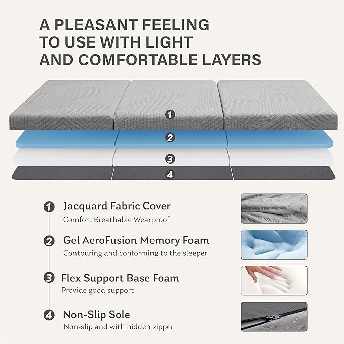 Tri-Fold Memory Foam Mattress, 6 inch Twin Folding Topper with Collapsible and Washable Cover, Travel and Guest Mat, 78"×38"×6", Grey