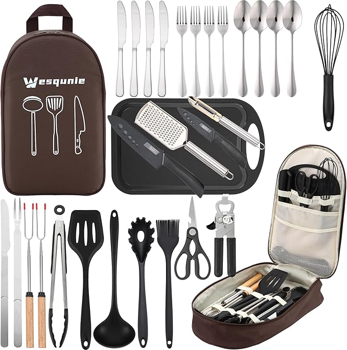 Camping Cooking Essentials Utensils Set - Camp Cookware Kitchen Accessories Kit, Camper Gear Must Haves, Stainless Steel & Silicone, RV Car Portable Outdoor Equipment Tool