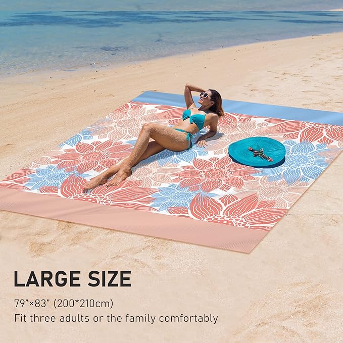 Beach Blanket Waterproof Sandproof Extra Large Beach Mat 79" X 83"/120"x108"for 1-8 Adults Quick Drying Durable Outdoor Picnic Mat for Beach Travel Camping Hiking