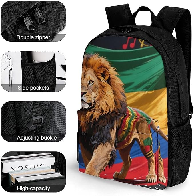 Rucksack Polyester Anti-Theft Multipurpose Jamaican Rasta Flag Rastafarian Reggae Lion Art Bookbag Big Capacity Travel and Sport Backpack Rucksack With Side Pockets