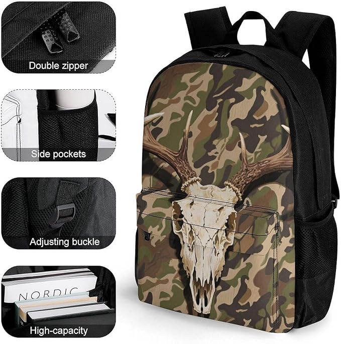 Daypack Backpack Anti-Theft Multipurpose Large Capacity Carry On Bag, Goth Hunting Camo Deer Skull Art Traveling Camping Backpack With Side Pockets