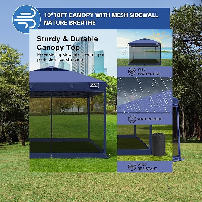 KAMPKEEPER 10x10 Pop-Up Canopy Tent, Waterproof Portable Shade with Screen Walls, Adjustable Instant Outdoor Shelter for Camping, Backyard, and Events, Navy Blue