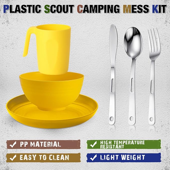Scout Camping Mess Kit for 1 Person Boy Scout Dishes Set Girl Scout Mess Kit with Mesh Bag Reusable Light Weight Eating Utensils Plastic Camping Cutlery Set for Travel Camp