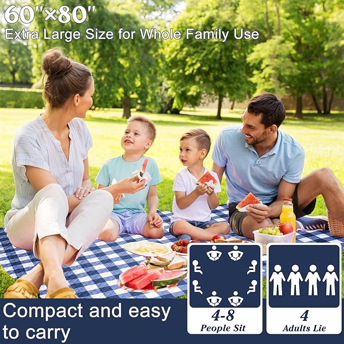 Extra Large Picnic Blanket 80''x 60'' Picnic Mat Waterproof Sand Proof Foldable for Beach, 5-Layer Outdoor Blanket for 6 to 8 Adults,Camping Lawn Hiking Park Music Festival Wedding Mats(Navy Blue)