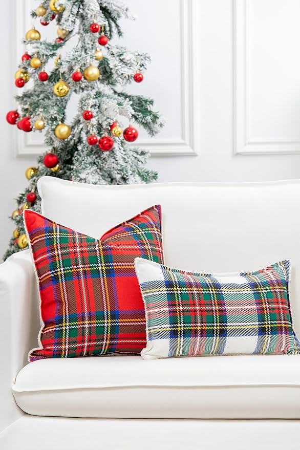 Hofdeco Premium Classic Christmas Holiday Winter Heavy-Weight Canvas Decorative Lumbar Pillow Cover ONLY for Couch, Sofa, Bed, Scottish Tartan Plaid with Sherpa Back, 12"x20"