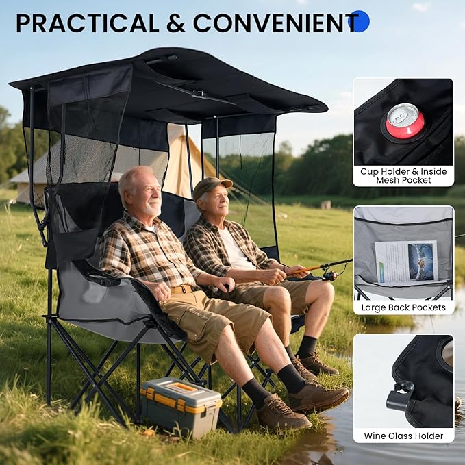 DoCred Double Beach Camping Chair with Canopy, Folding 2 Person Camping Sofa Seat, Portable Outdoor Loveseat with Shade, Oversize Camp Chair for Lawn, and Outdoor Activities