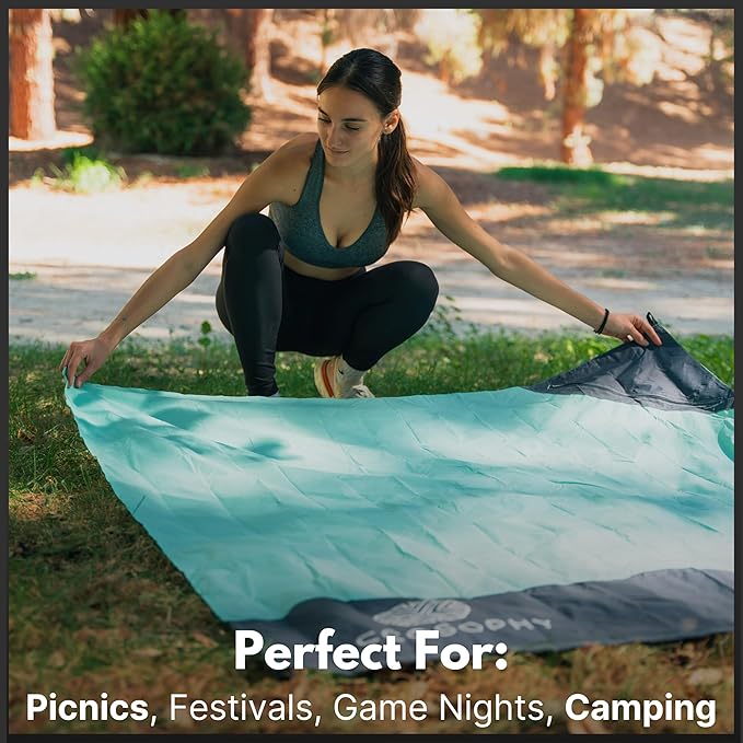 ECCOSOPHY Sand Proof Beach Blanket - Waterproof Picnic Blanket 60x55 Outdoor Compact Pocket Blanket Lightweight Ground Cover for Hiking Camping Festivals Sports Travel with Bag & Stakes (Pistachio)